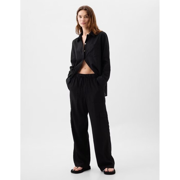 New Gap Linen Blend Cargo Pull On Wide Leg Pants Size Medium Black NWT - Picture 1 of 8